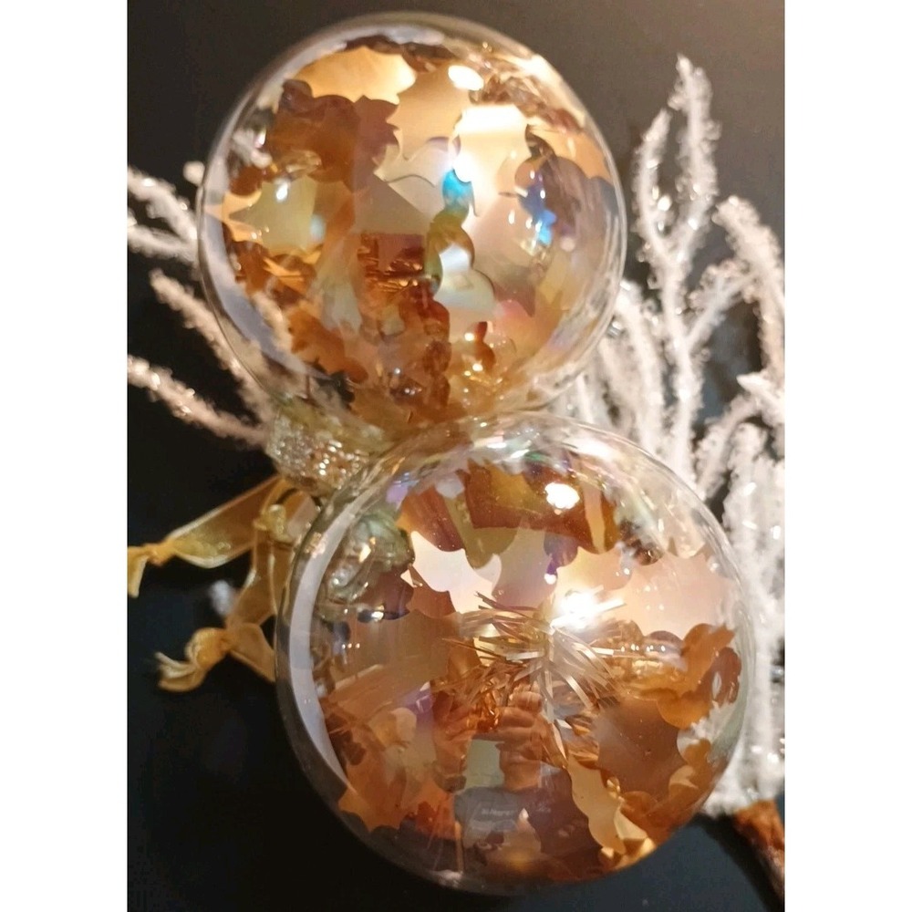 Pair Of Frontgate Clear Glass‎ Gold Round Christmas Ornaments 4.5" Tinsel Decor